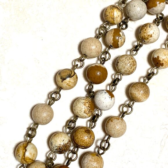 Genuine Yellow Picture Jasper Short Necklace, Cute Bronze Fortune Cat + Gemstone - Picture 7 of 15